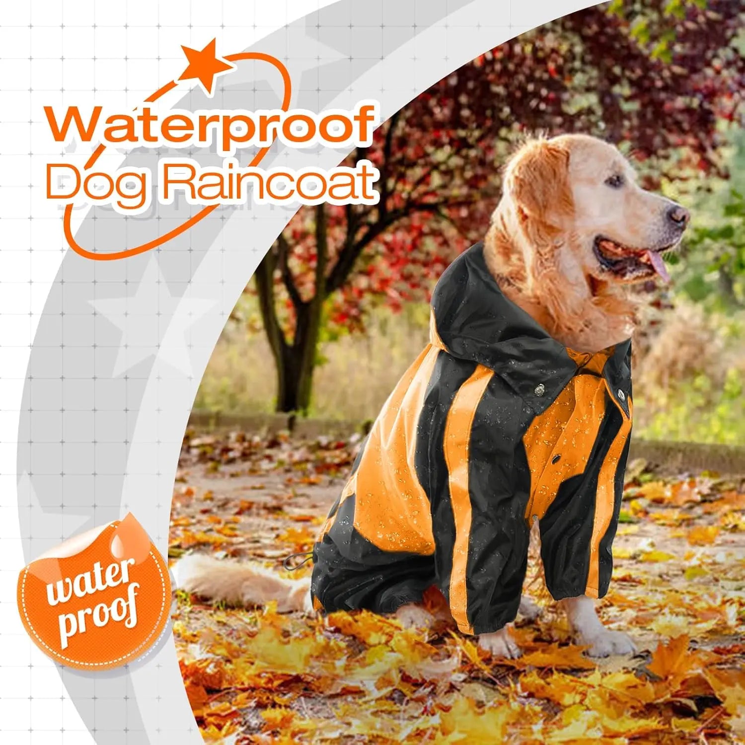 Dog Raincoat Waterproof Lightweight Rain Jacket, Adjustable 4 Legs Pet Poncho with Hood, Snow-Proof Dog Vest Rainwear