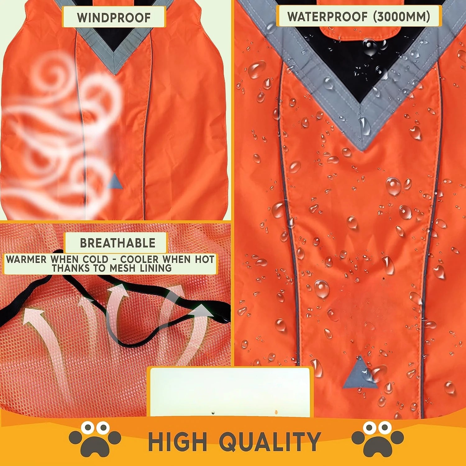 Dog Rain Coat - Waterproof, Reflective, Bright Orange with Leash Hole Pet Clothes