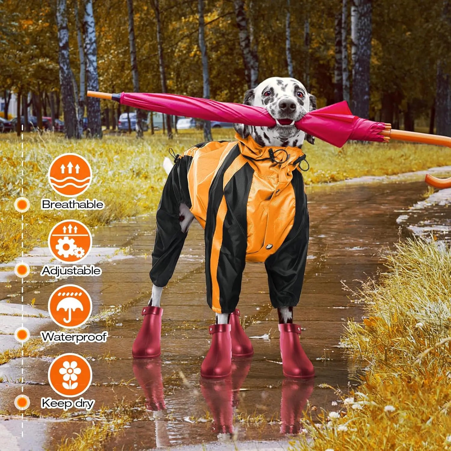 Dog Raincoat Waterproof Lightweight Rain Jacket, Adjustable 4 Legs Pet Poncho with Hood, Snow-Proof Dog Vest Rainwear