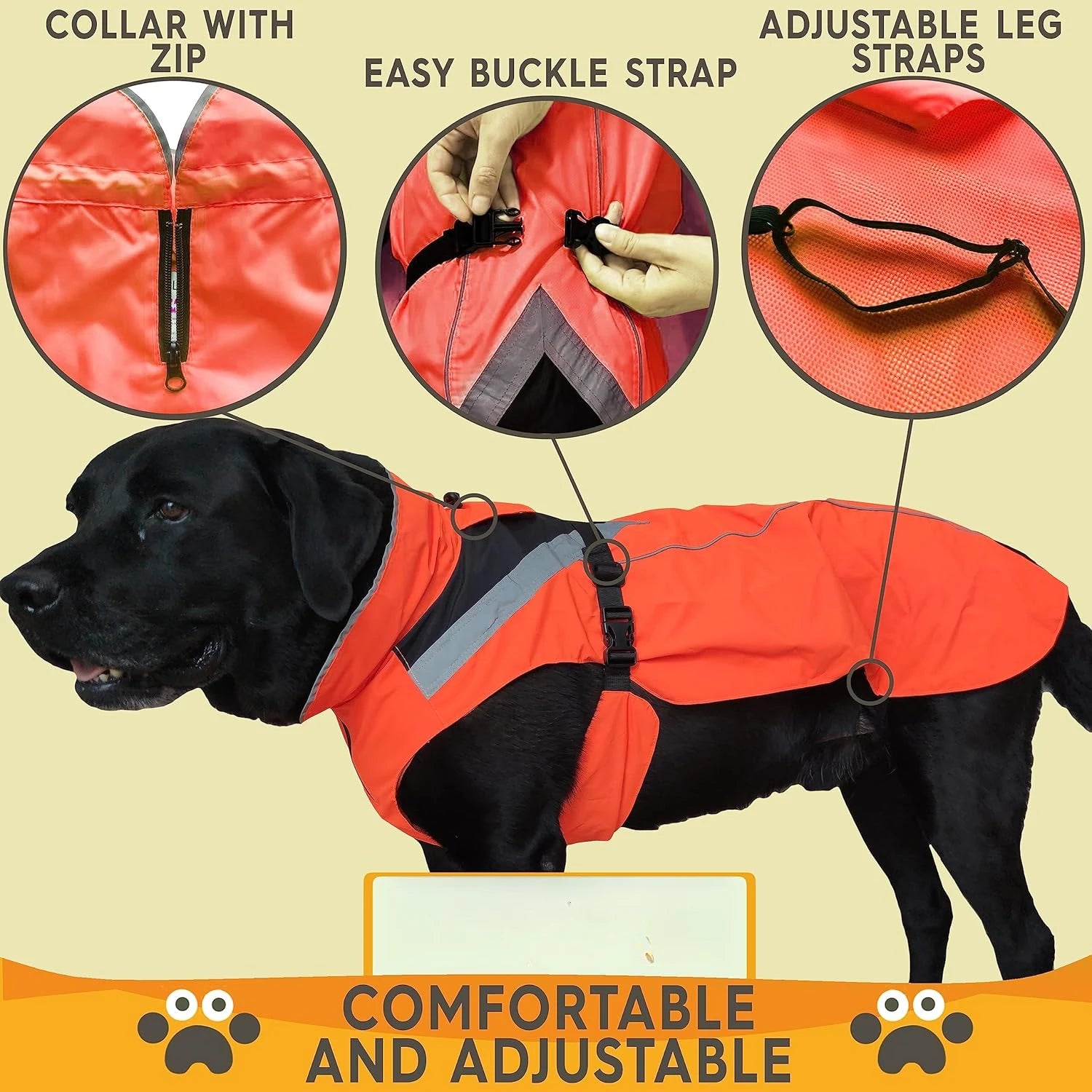 Dog Rain Coat - Waterproof, Reflective, Bright Orange with Leash Hole Pet Clothes