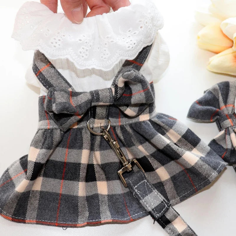 Dog Clothes Dog Dress Plaid Skirt With Big Bowknot Pet Harness With Leash Set For Girls Small Medium Chihuahua Dog Clothing