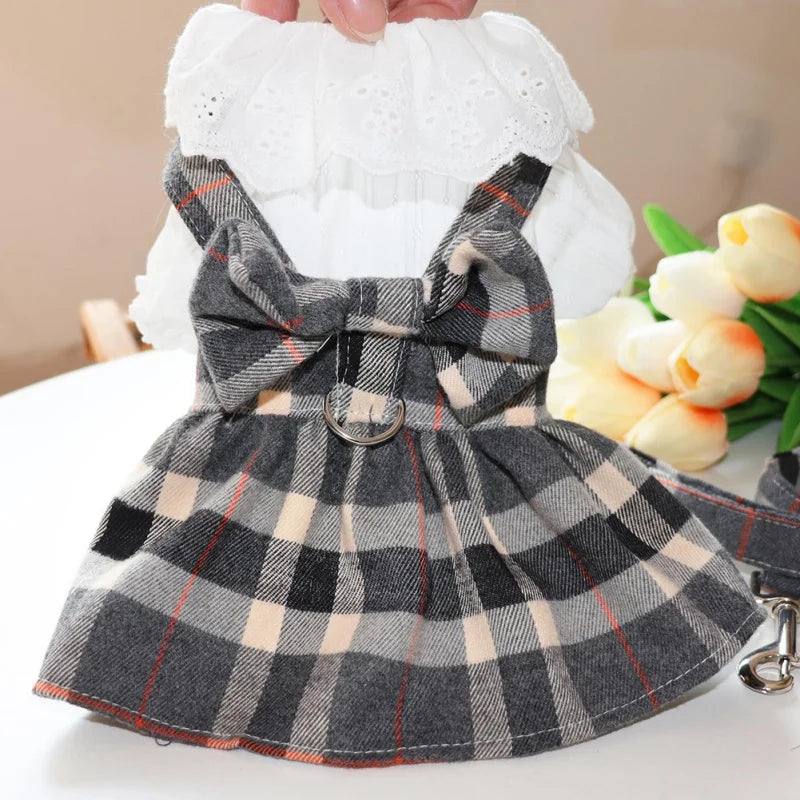 Dog Clothes Dog Dress Plaid Skirt With Big Bowknot Pet Harness With Leash Set For Girls Small Medium Chihuahua Dog Clothing